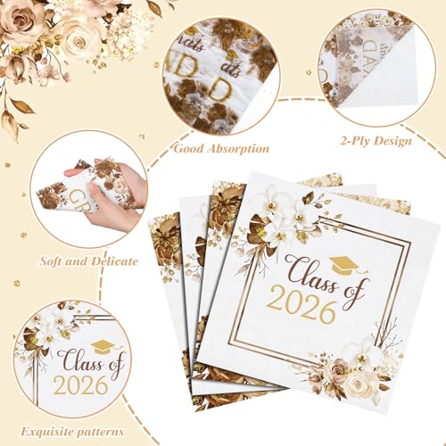 80 Pcs Boho Graduation Napkins, 6.5 Inch Boho Floral Congrats Grad Party Napkins Gold and White Class of 2026 Paper Napkin for High School College Graduation Party Decorations — view 3