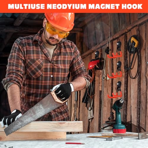 Image of Landhoow 18 Pcs Large Magnetic Hooks Heavy Duty Garage Magnet Hooks Strong Storage Utility Magnetic Hangers with Anti Slip Rubber Coating for Indoor and Outdoor Hanging (Orange)