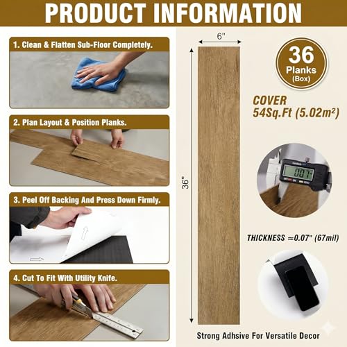 Image of Waterproof Peel and Stick Floor Tile, 54 Sq.Ft Natural Blonde Maple Vinyl Flooring, Easy DIY-Install & Durable for Kitchen, Bedroom, Bathroom, RVs, Rental-Friendly (36-Planks 6 inchx36 inch)