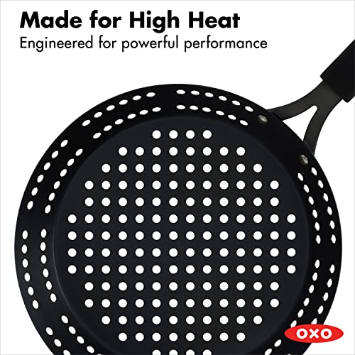 Oxo Obsidian Pre-Seasoned Carbon Steel, 12" Frying Pan Skillet With Holes For Grilling With Removable Silicone Handle Holder, Induction, Oven Safe, Black #TOP5
