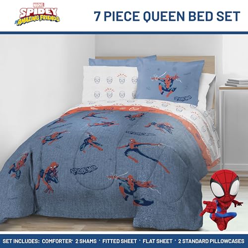 Image of Marvel Spiderman Queen Comforter Set 7 Piece Bedding for Boys, Blue | Bed in a Bag, Comforter Sheets Shams Pillowcases, Official Product, Soft Microfiber, Machine Washable, Boys Gift