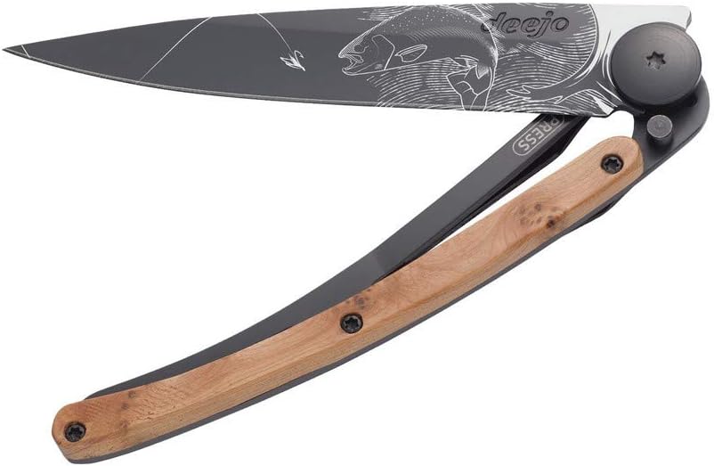 deejo - 37G Folding Pocket Knife with Belt Clip - Trout Design, 3.7-Inch Stainless Steel Blade, Black Titanium Finish, Juniper Wood Handle - Lightweight Everyday Carry for Home, Work, and Outdoor Use
