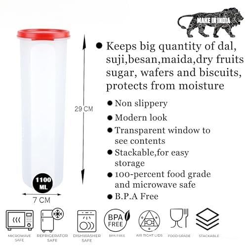 Image of SIMPARTE Smart Slim Storage Air-Tight & Leak Resistant Plastic Round Modular Container For Juice, Snacks, Cookies, Wafers, Stackable, BPA Free, Refrigerator Safe (1100ML, Red, Set of 2)