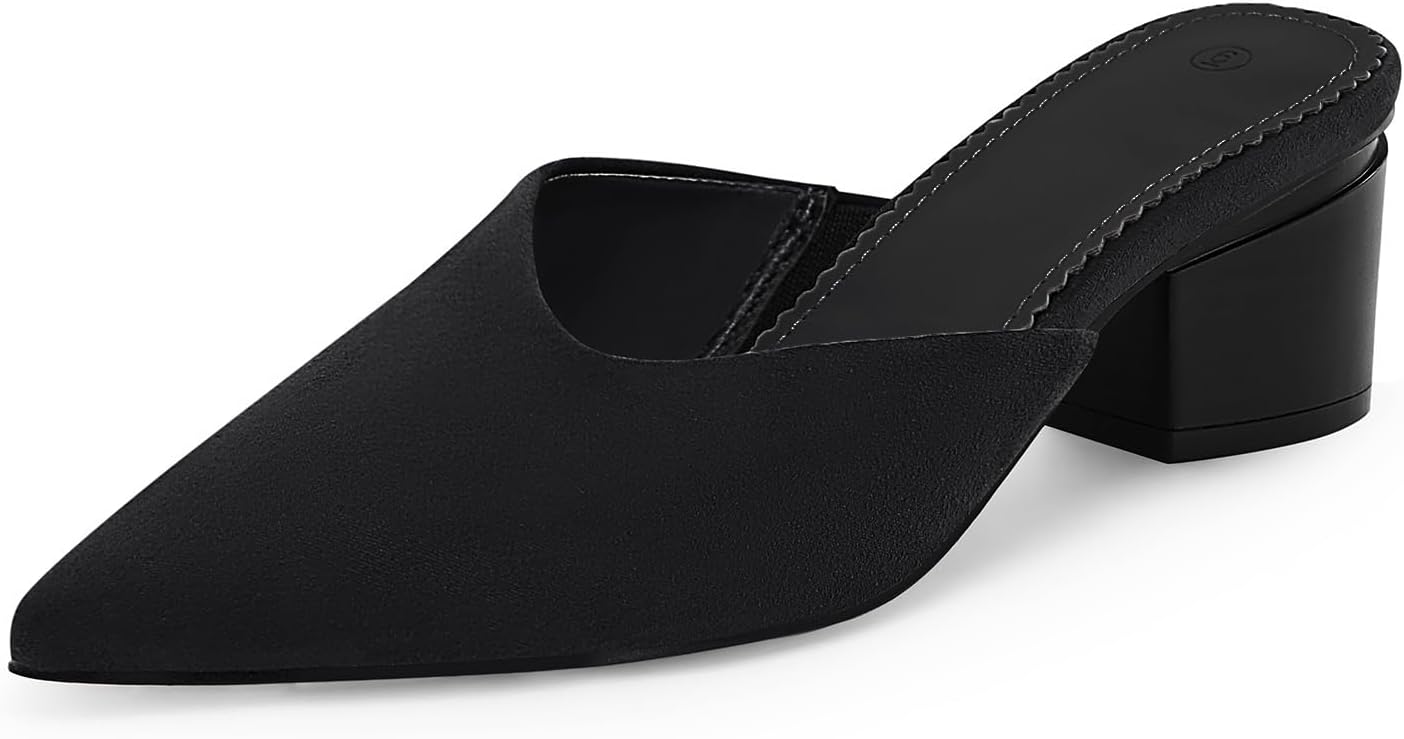 Coutgo Womens Pointed Toe V Cut Mules Chunky Block Heels Slip On Clogs Fashion Office Slides Shoes