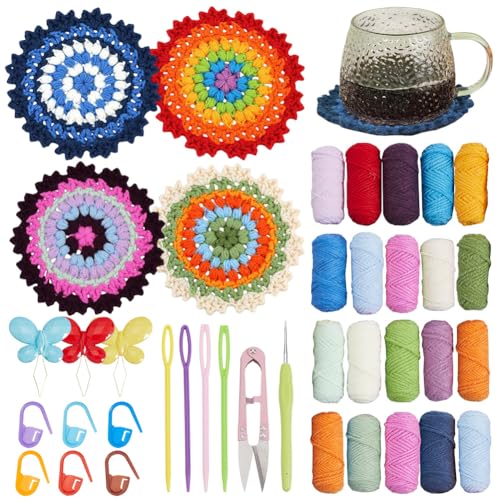 SUNNYCLUE Crochet Coasters Kit Knitting Starter Kit with Step-by-Step Video Tutorials Instructions Easy to Learn Flower Coaster Crochet Yarn for Beginners Adults Women Holiday DIY Craft Gifts
