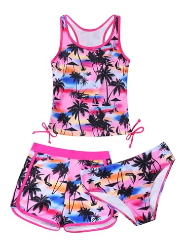Patgoal Girls 3 Piece Bathing Suit Summer Racerback Top Bikini Swimsuit with Shorts Beach Tankini Sets