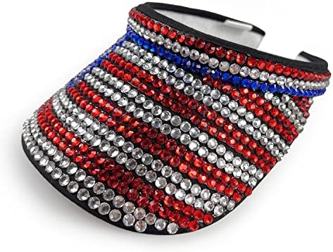 ZEDEKS Patriotic American Flag Rhinestone Women Sun Visor Hat for 4th of July!Fashion Crystal Sparkle Bling Women Summer Beach Hat!UV UPF 50+ Protection Sports Hat