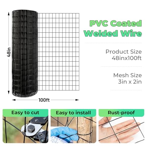 Image of Garden Fence Black PVC Coated Welded Wire Fencing 48 Inch x 100 Foot, 2 Inch x 3 Inch 16GA, Garden Border Fencing Roll Vinyl Coating Metal Wire Mesh for Yard Vegetable Plant Protection Poultry Netting