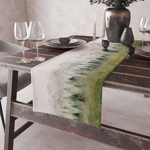 Image of Watercolor Forest Table Runner,Watercolor Woodland Forest Mountains Rustic Dining Table Ruuner Home Kitchen Party Living Room Table Decoration 13x72 inch