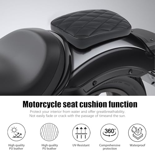 Image of Motorcycle Pillion Passenger Pad Seat, Black Rhombus Pattern Leather Pillion Pad w / 8 Suction Cup Rear Passenger Seat Compatible with Harley Custom Bikes and More