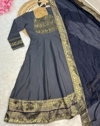 Image of Chanderi Cotton Anarkali Dress Set with Jacquard Weaving and Zari Border, Traditional Indian Ethnic Wear Gown for Weddings, Festivals, and Special Occasions