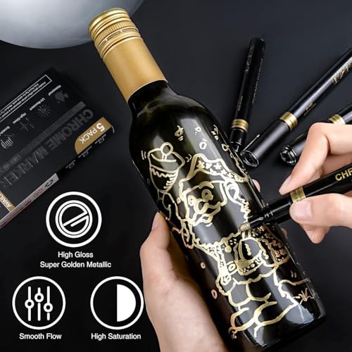 Image of Amitasha 6 Gold Chrome Paint Pens Markers, Premium Mirror Paint Pens for Resin, Glass, Plastic, Steel, Canvas, Stone, Rock Painting, Ceramic Surfaces, DIY Crafts Making Art Supplies