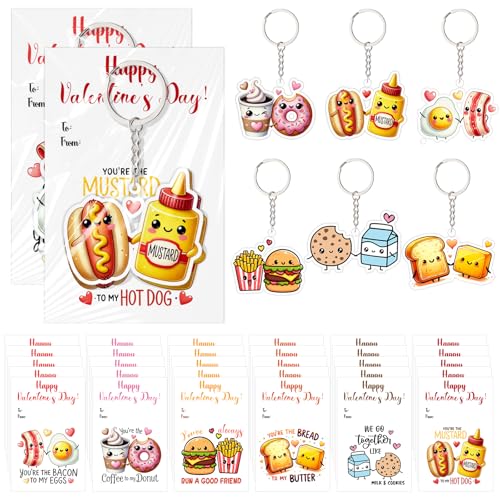 Nosiny 36 Sets Valentines Pun Funny Food Gifts Cute Food Keychain Acrylic Keychain with Pun Valentines Day Card Funny Exchange Gifts Friends Valentine's Day Party Favor