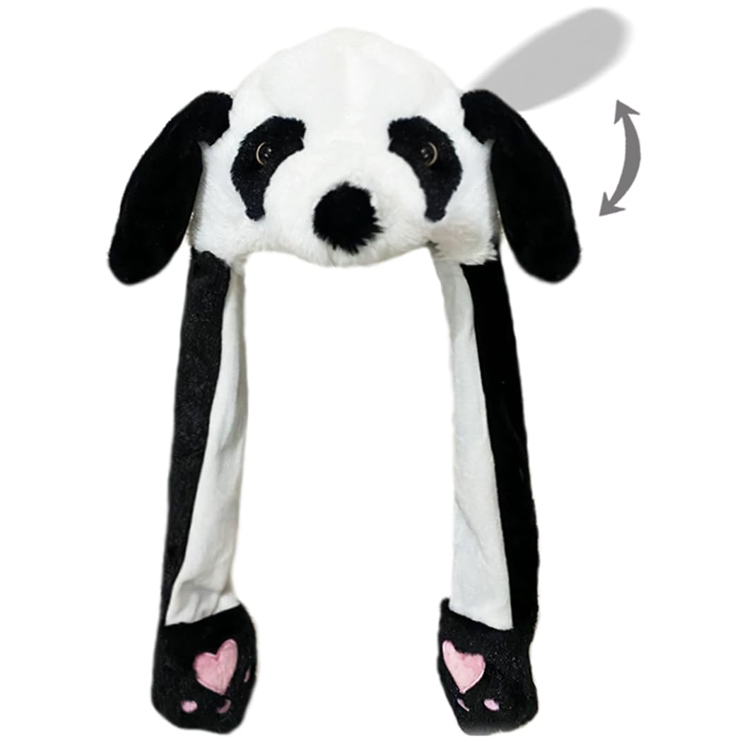 Plush Animal Hat with Moving Jumping Ears Pop Up Beating Hat Movable Dancing Cap for Kids Adult(Panda)