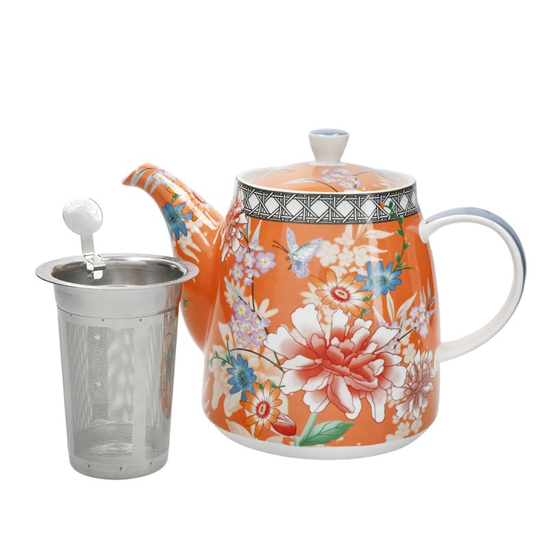 London Pottery Klasyczny ceramiczny czajniczek z dzwonkiem, 1 l, koralowy kwiatowy, vintage kwiaty i wzory motyla, zaparzacz do herbaty ze stali nierdzewnej, dzbanek do herbaty w stylu angielskim na