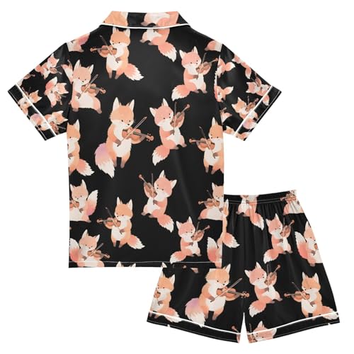 senya Fox Playing Violin Satin Summer Pajama Sets Silk Short Sleeve Button Down Sleepwear2