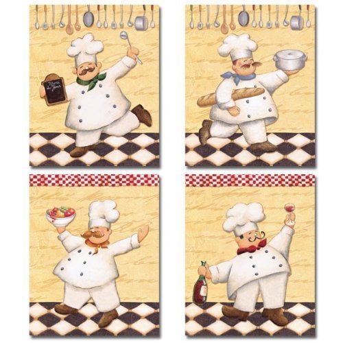 Gango Home Décor Set of 4 Happy French Chef Kitchen Prints Le Chef Cook by Daphne Brissonnet 8x10
