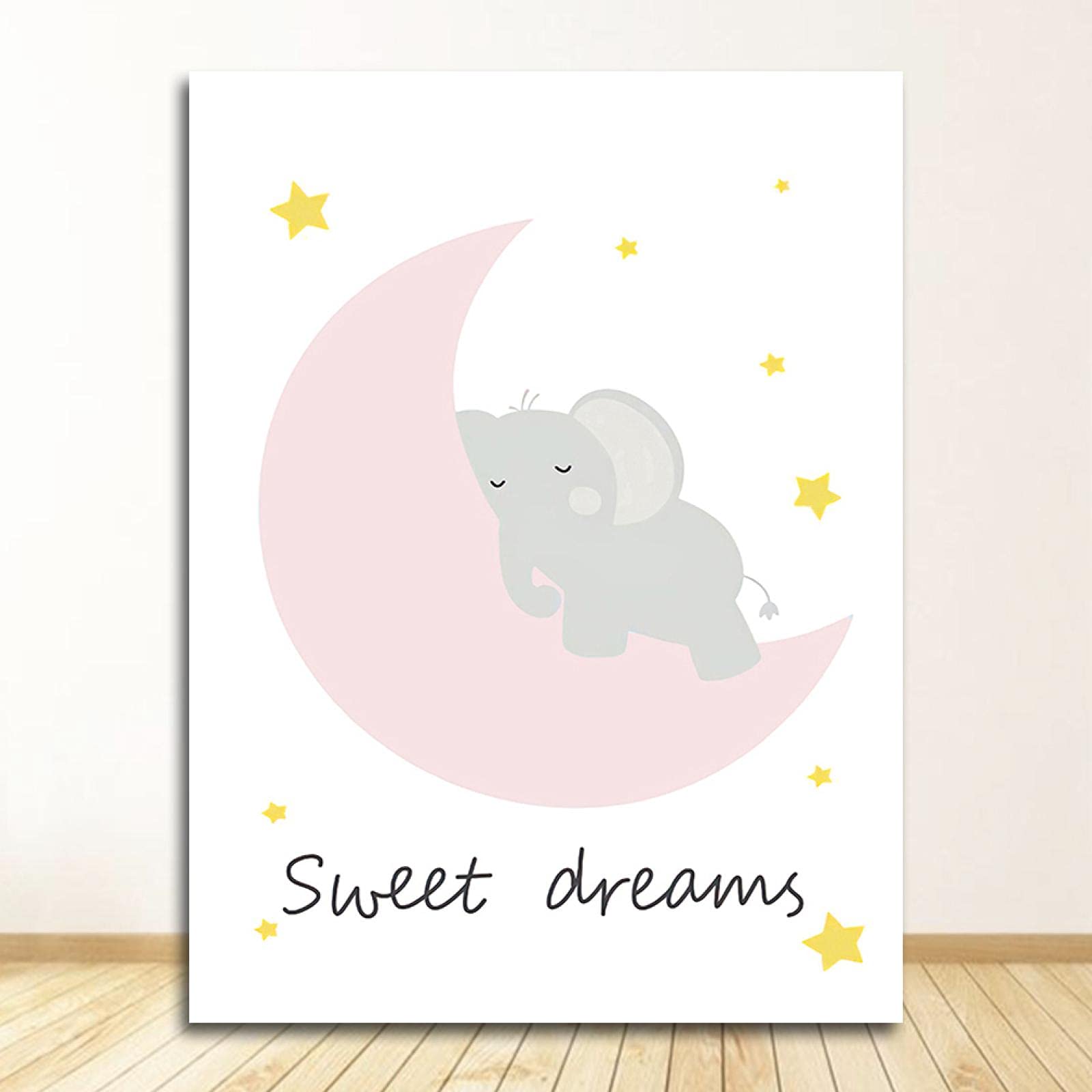 XIANGPEIFBH Nordique Enfants Chambre Décoration Peinture Rose Éléphant Étoile Toile Enfants Imprimer Bébé Fille Pépinière Mur Art Photo 40x60cm(16x24in) x2 Cadre Intérieur