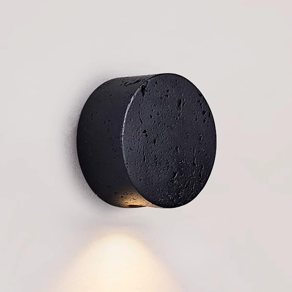 COSRUB Industrial Mini Travertine Wall Lights, Black Round Stone Wall Sconce Japanese Cylinder Warm Wall Lamps Fixture for Bedside Hallway Stairs