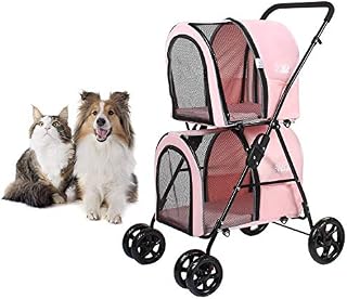 DAWOO Double Pet Stroller for Small Medium Dogs & Cats, Detachable 4 Wheels Cats Stroller Double Dog Stroller with 2 Portable Travel Carrier/One-Hand Folding/Suspension System (Pink)