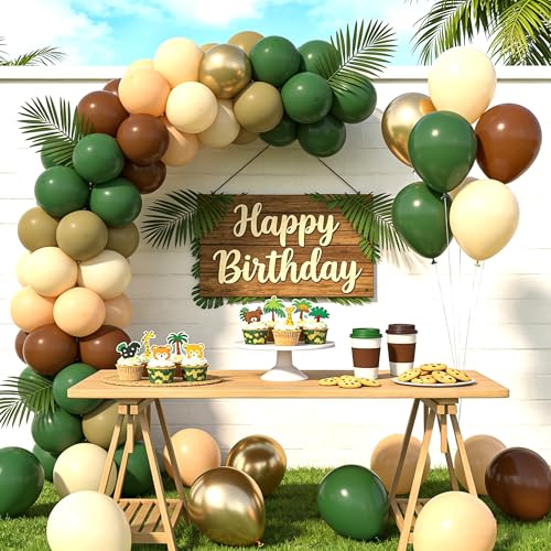 Image of Green and Brown Balloons Set, 60 Pcs 12 Inch green brown balloons Jungle Safari Woodland Forest Balloon Metallic Gold Cream Brown Olive Green Coffee Blush Balloon for Baby Shower Birthday Decorations