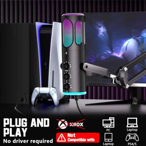 Image of PUPGSIS Gaming Microphone for PC, USB Condenser Mic for PS4 /5 and Mac, Noise Cancellation Computer Mic with Mute, Reverb, Adjustable Boom Arm, Pop Filter for Streaming /Podcasting /Recording /YouTube