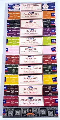 Satya Incense Variety Pack of 12. Each is a 15g Box - Nag Champa Jasmine Blossom Midnight Sandalwood Patchouli Forest Blessing Super Hit Celestial Rain Forest Fortune Romance Sunrise