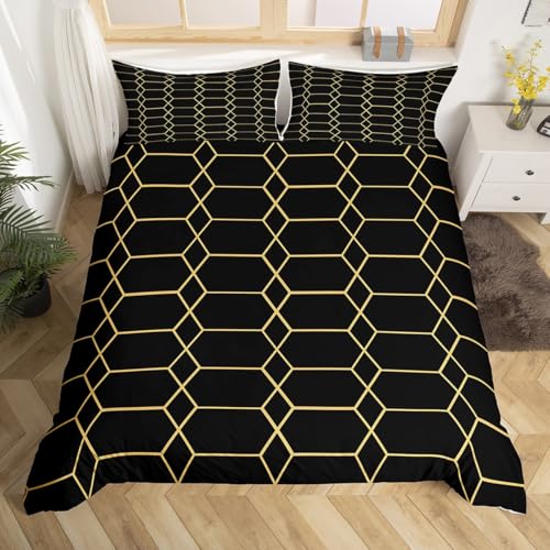 jejeloiu Honeycomb Duvet Cover Toddler Size Kids Hexagonal Comforter Cover Set for Boys Girls Teens Geometrical Bedding Set Breathable Beehive Bedspread Cover Golden Black Quilt Cover