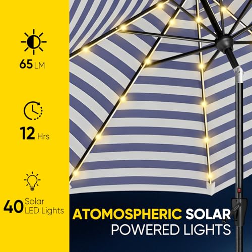 Image of Tempera Patio LED Umbrella with Light | Solar Outdoor Umbrella | Market Table Parasol with Push Button Tilt and Crank, with Sturdy Pole & Fade Resistant Canopy, Easy to Set