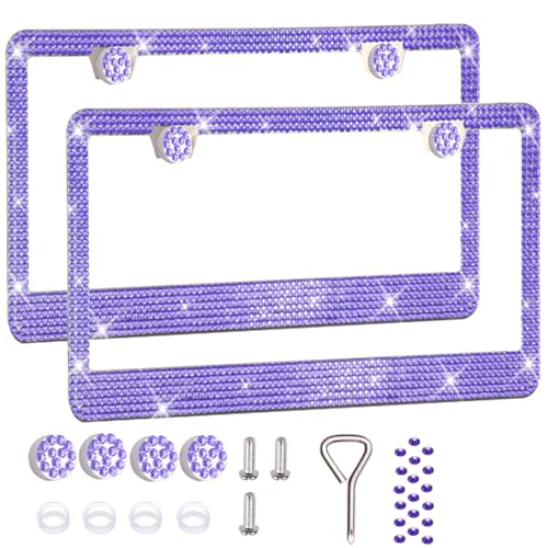 2 Pack License Plate Frames for Women Sparkly Rhinestone Diamond Car Accessories with Glitter Crystal Caps (Purple (2PCS))