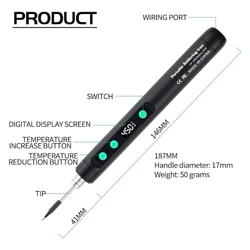 Kit de fer à souder sans fil portable rechargeable par USB avec écran LCD, température réglable, 3 pointes de soudure, pâte à souder, fil à souder, noir – vue 9