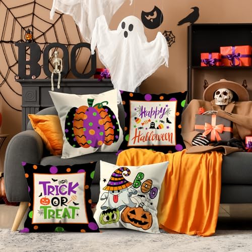 Halloween Pillow Covers 18×18 Set of 4,Linen Pillow Case Pumpkin Decorative Pillowcase Trick or Treat Spooky Pillowcover Halloween Decor for Home Couch Bed Indoor Outdoor Halloween Pillow Covers 18×18 Set of 4,Linen Pillow Case Pumpkin Decorative Pillowcase Trick or Treat Spooky Pillowcover Halloween Decor for Home Couch Bed Indoor Outdoor
