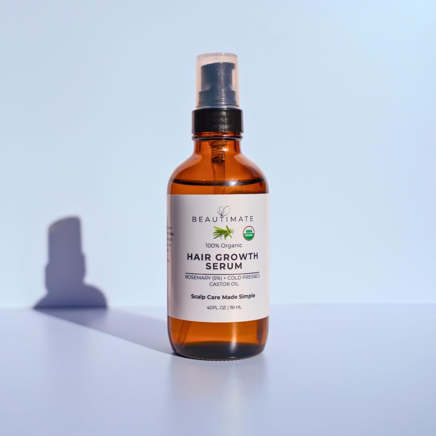 beautimate UDSA Organic Rosemary Hair Growth Serum – 5% Rosemary & Castor Oil Blend for Thicker, Fuller Hair – Natural Scalp Treatment for Thinning Hair – Made in USA, Vegan, Cruelty-Free, Jumbo 4oz