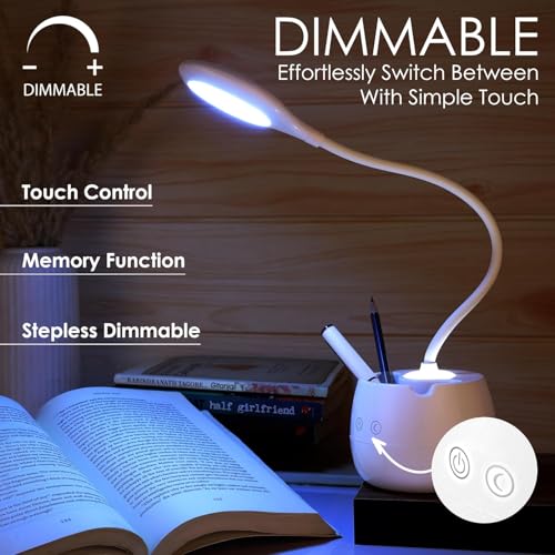 Image of Owme LED Desk Lamp with Pen Holder, Dimmable Touch Control Table Lamp, Flexible Gooseneck Study Lamp, USB Rechargeable Bedside Lamp for Reading, Office, Study Table, Kids Room