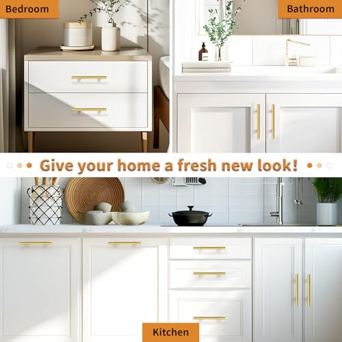 Image of Probrico 10 Pack 5 Inch Center-to-Center Kitchen Cabinet Pulls T Bar Gold Cabinet Handles Modern Drawer Hardware Dresser Pulls, 7-1 /2 inch Total Length