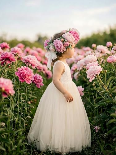 Image of 2Bunnies Girl Peony Lace Back A-Line Straight Tutu Tulle Party Flower Girl Dress