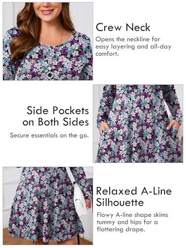 Image of AusLook Women's Plus Midi Dress Long Sleeve Crew Neck A-Line Swing Flowy Vacation Fall Wedding Guest Dresses with Pocket 1-5X