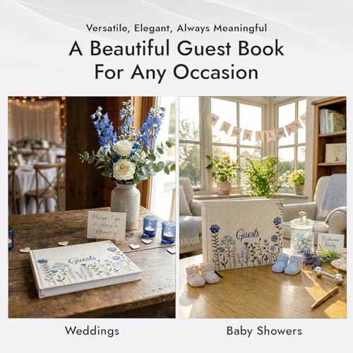 Image of Linen Embroidered Photo Wedding Guest Book-Premium Hardcover Polaroid Guestbook for Wedding Reception, Baby Shower, Bridal Shower, Funeral, Graduation -160 Pages for Notes 10.25 inch x 8.25 inch (Dusty Blue)
