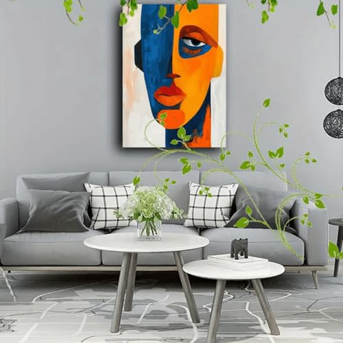 Peinture visage abstrait impression toile moderne orange et bleu - 4