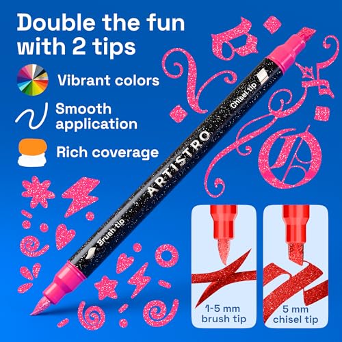Image of ARTISTRO 24 Sparkly Glitter Dual-Tip Paint Pens - Dazzling Markers with Acrylic Ink for Rock, Ceramic, Wood, Fabric, & More - Brush + Chisel Tips
