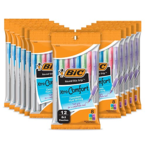BIC Round Stic Grip Xtra-Comfort Ballpoint Pens, 1.2mm, Medium Point, Fashion Assorted Color, 96-Pack