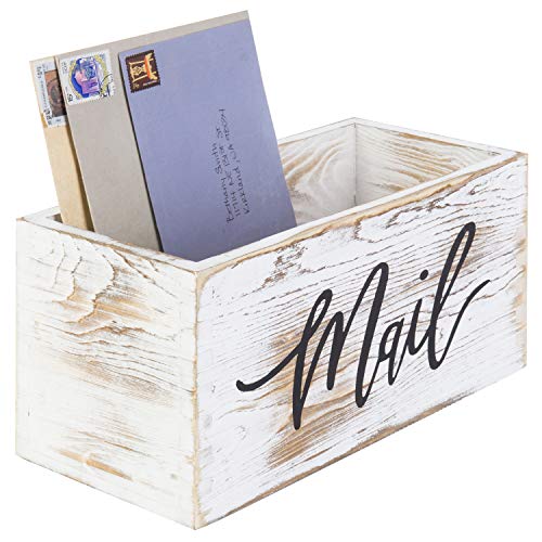 MyGift Whitewashed Wood Desktop Mail Holder Organizer Storage Box, Office Desk Organizer Bin with MAIL Script Design