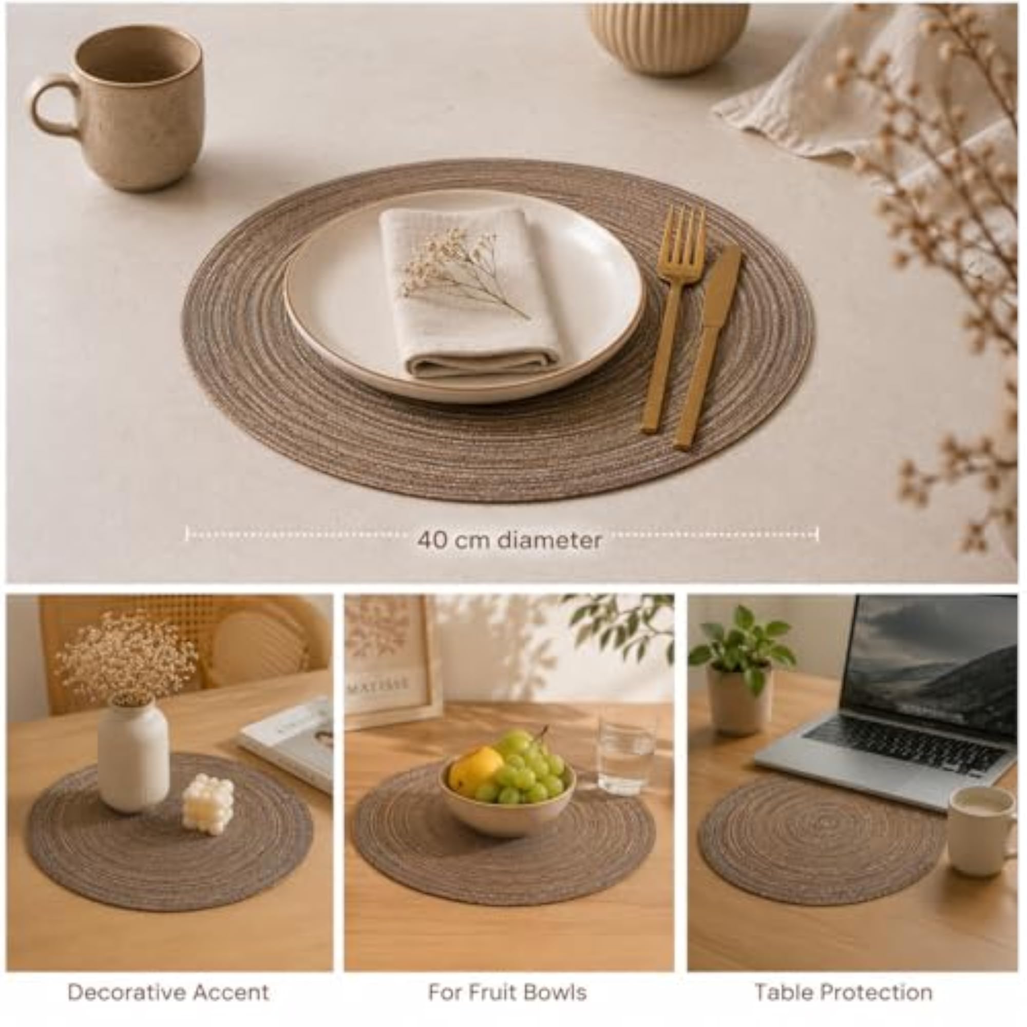Round Braided Placemats, Brown, Boho Table Mats