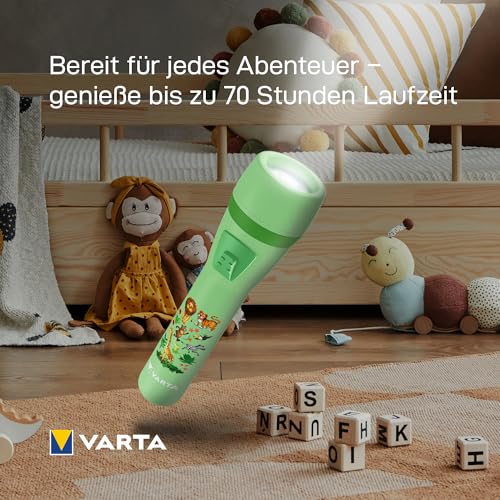 Varta Taschenlampe für Kinder inkl. 2x AA Batterien, Kids Leuchte, kleine Kindertaschenlampe Dschungel Design mit Tieren, Taschenleuchte, grün