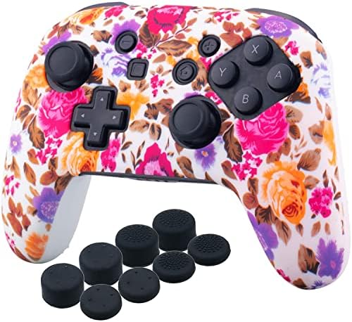 YoRHa Studded Silicone Transfer Print Cover Skin Case ONLY for Nitendo Official Switch Pro Controller x 1(Flowers) with Pro Thumb Grips x 8