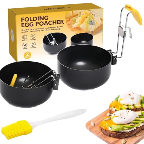 Lot de 2 pocheuses à œufs pochés de qualité supérieure avec brosse, pour une cuisson parfaite des œufs pocés, pour le petit-déjeuner et les salades (noir)