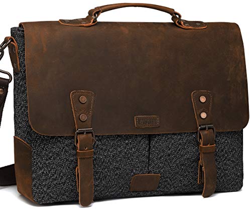 Messenger Bag for Men, Vaschy Vintage Leather Tweed Canvas Satchel 15.6inch Laptop Business Briefcase Crossbody Shoulder Bag with Detachable Strap Gray