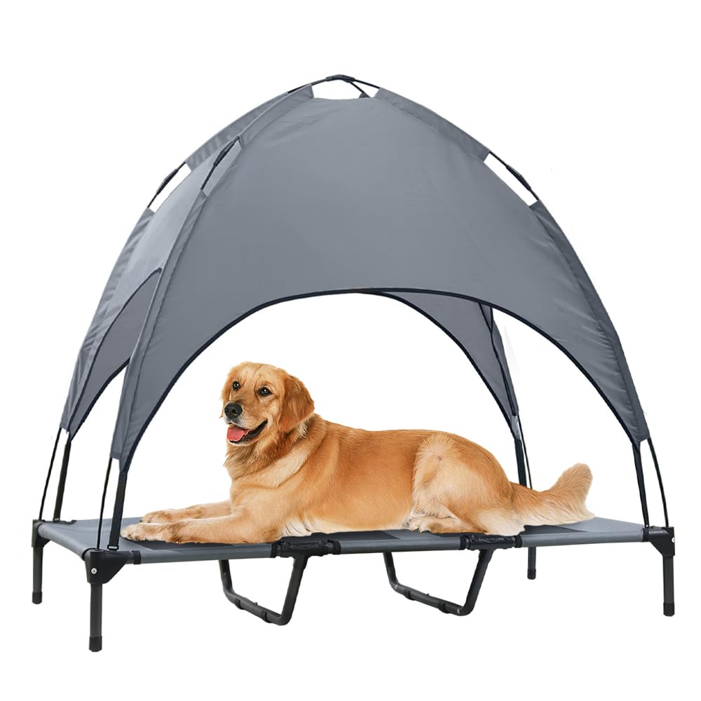 Elevated Dog Bed with Canopy, 48-inch Waterproof Pet Cot, Portable Outdoor Pet Bed with Carry Bag, Indoor/Outdoor Cooling Canopy Dog Tent for Large Dogs (Gray)