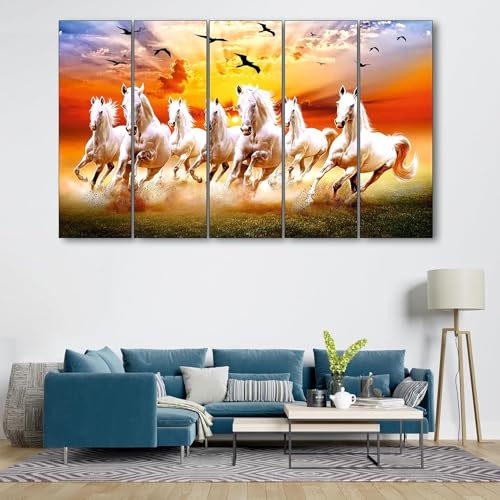 Image of KYARA ARTS seven vastu running horse wall painting (30 inch x 48 inch wooden multiple framed)