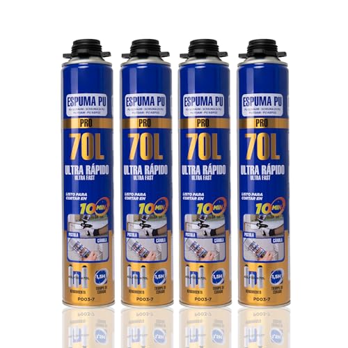 BESCH Espuma de Poliuretano PU Profesional Ultra Rápido 750ml Expansión hasta 70 L - Expansión Rápida Uso con Cánula y Pistola, Listo para Cortar en 10 Minutos - Tiempo Curado 1.5 Horas (Pack de 4)